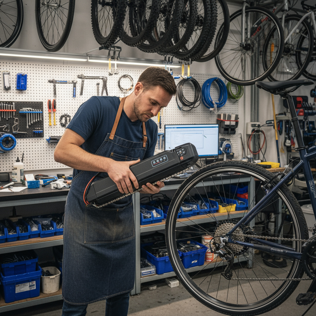 Mechaniker wartet ein E‑Bike in der Werkstatt